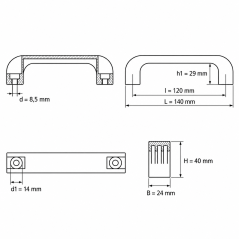 Maniglia ad arco con fori passanti e cappucci a filo 120 mm - d 8,5 mm - maniglia nera - cappucci Blu