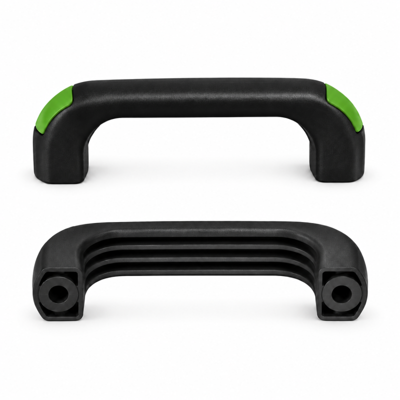 Maniglia ad arco con fori passanti e cappucci a filo 120 mm - d 8,5 mm - maniglia nera - cappucci Verde chiaro