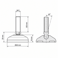 Piedino regolabile snodato rinforzato Ø60 M12x100 Nero