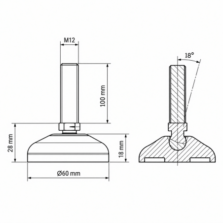 Piedino regolabile snodato rinforzato Ø60 M12x100 Nero Piedino regolabile snodato rinforzato Ø60 M12x100 piede EMFA GmbH