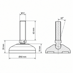 Piedino regolabile snodato rinforzato Ø60 M12x60 Nero