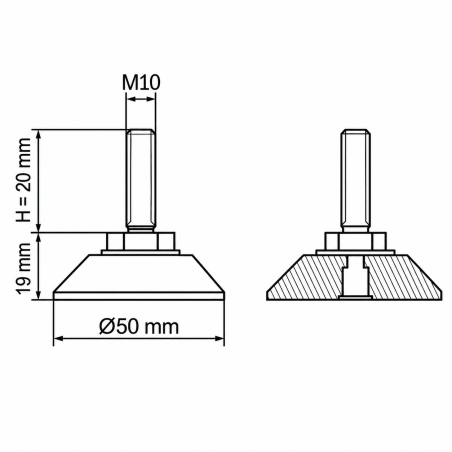 Piedino regolabile snodato cromato Ø50 M10x20 piede EMFA GmbH