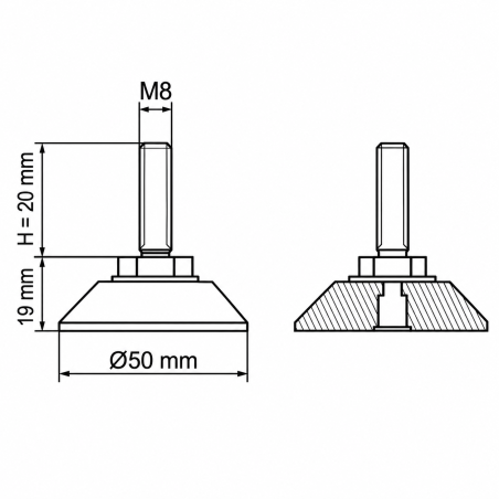 Piedino regolabile snodato cromato Ø50 M8x20 piede EMFA GmbH