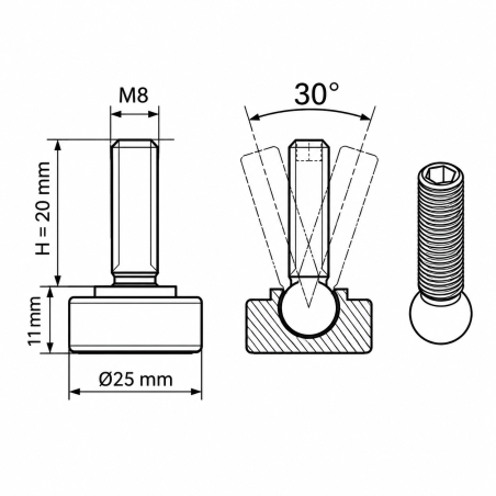 Piedino regolabile snodato Ø25 M8x20 livellatore EMFA GmbH