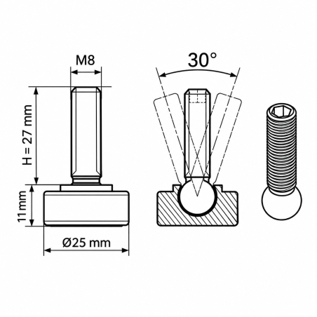 Piedino regolabile snodato Ø25 M8x27 livellatore EMFA GmbH