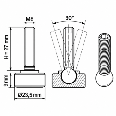Piedino regolabile snodato Ø23,5 M8x27 Nero