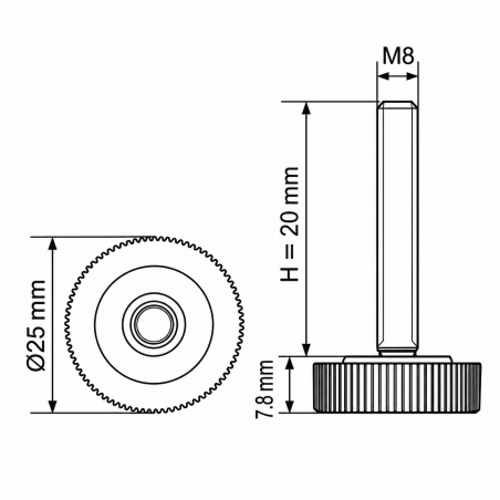 Piedino regolabile zigrinato Ø25 M8x20 - FI25 livellatore EMFA GmbH