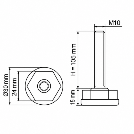 Piedino regolabile Ø30 esagonale M10x105 Nero Piedino regolabile Ø30 esagonale M10x105 livellatore EMFA GmbH