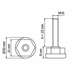 Piedino regolabile Ø30 esagonale M10x25 Nero