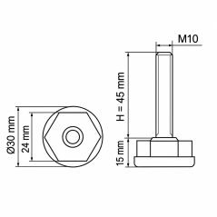 Piedino regolabile Ø30 esagonale M10x45 Nero