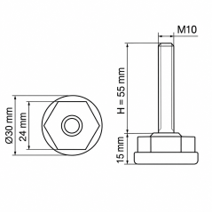 Piedino regolabile Ø30 esagonale M10x55 Nero