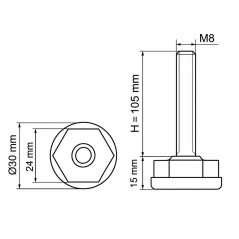 Piedino regolabile Ø30 esagonale M8x105 Nero
