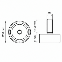 Piedino regolabile in altezza Ø39 M8x20 - FI39 Nero
