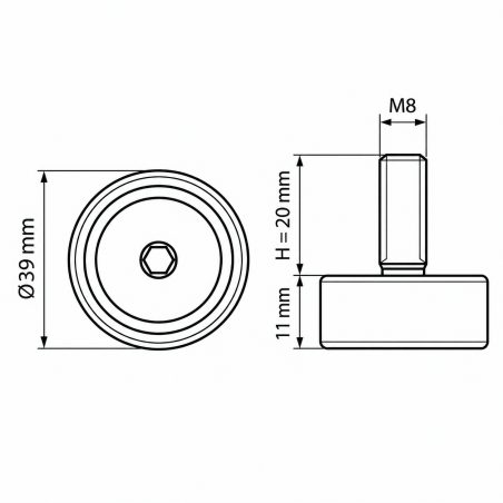Piedino regolabile in altezza Ø39 M8x20 - FI39 livellatore EMFA GmbH