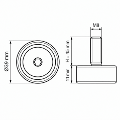 Piedino regolabile in altezza Ø39 M8x45 - FI39 Nero