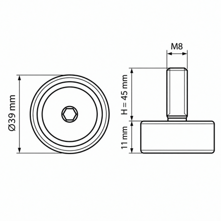 Piedino regolabile in altezza Ø39 M8x45 - FI39 livellatore EMFA GmbH