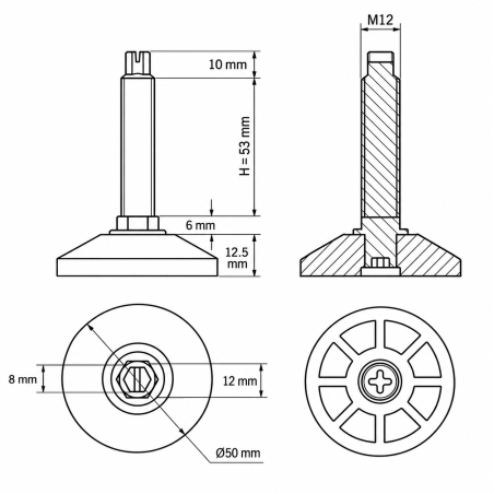 Piedino regolabile fisso con regolazione superiore Ø50 M12x53/63 - FI50 Nero Piedino regolabile fisso con regolazione superiore Ø50 M12x53/63 - FI50 livellatore EMFA GmbH