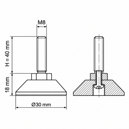 Piedino regolabile snodato avvitato M8x40 - FI30 piede EMFA GmbH