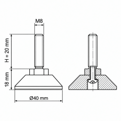 Piedino regolabile snodato avvitato M8x20 - FI40 Nero