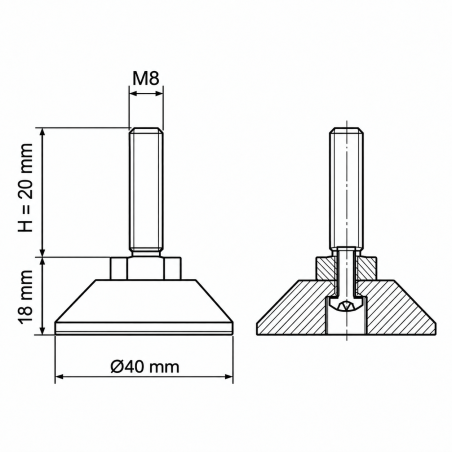 Piedino regolabile snodato avvitato M8x20 - FI40 piede EMFA GmbH