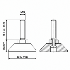 Piedino regolabile snodato avvitato M8x30 - FI40 Nero