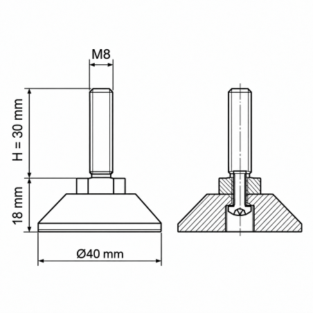 Piedino regolabile snodato avvitato M8x30 - FI40 piede EMFA GmbH