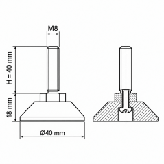 Piedino regolabile snodato avvitato M8x40 - FI40 Nero