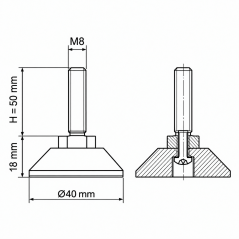 Piedino regolabile snodato avvitato M8x50 - FI40 Nero