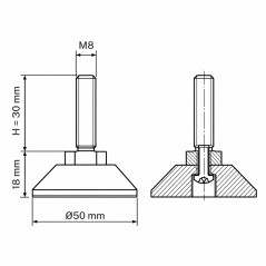 Piedino regolabile snodato avvitato M8x30 - FI50 Nero
