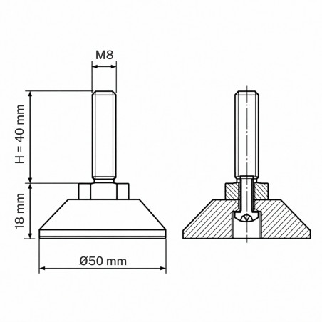 Piedino regolabile snodato avvitato M8x40 - FI50 piede EMFA GmbH