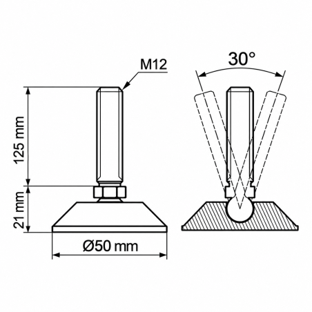 Piedino regolabile snodato Ø50 M12x125 - FI50 piede EMFA GmbH