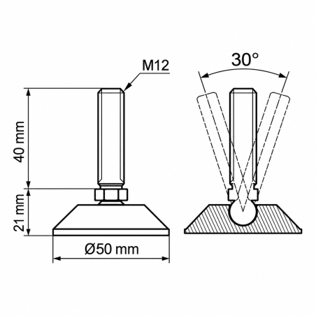 Piedino regolabile snodato Ø50 M12x40 - FI50 piede EMFA GmbH