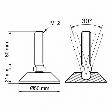 Piedino regolabile snodato Ø50 M12x80 - FI50 Nero Piedino regolabile snodato Ø50 M12x80 - FI50 piede EMFA GmbH