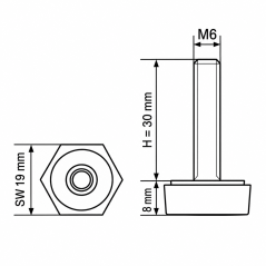 Piedino regolabile esagonale SW19 M6x30 - SW19 Nero