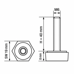 Piedino regolabile esagonale SW19 M6x40 - SW19 Nero