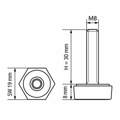Piedino regolabile esagonale SW19 M8x30 - SW19 Nero