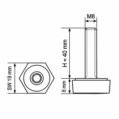 Piedino regolabile esagonale SW19 M8x40 - SW19 Nero